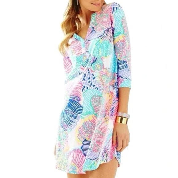 Lilly Pulitzer Ali Dress Pink Roar of the Seas Pima Cotton V-Neck Women’s Small - Picture 1 of 9